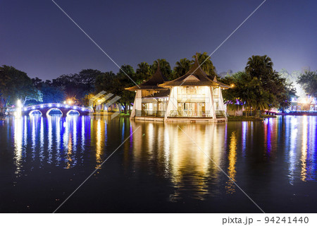 Night view of Mid-Lake Pavilion in Taichung Park, Taiwan. It was built when Taiwan was under Japanese rule. 94241440