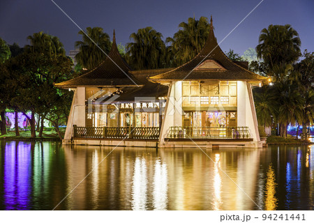 Night view of Mid-Lake Pavilion in Taichung Park, Taiwan. It was built when Taiwan was under Japanese rule. 94241441