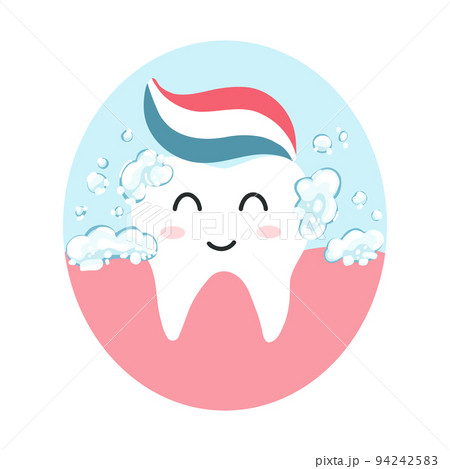 Cute happy tooth with toothpaste in cartoon flat style. Vector illustration of clean healthy teeth character, dental care concept, oral hygiene 94242583