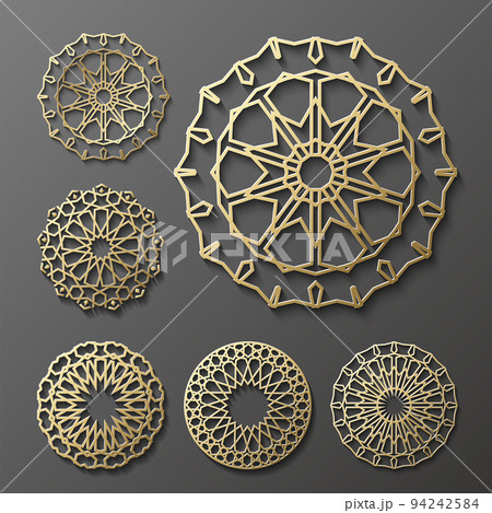 Islamic ornament vector , persian motiff . 3d ramadan round pattern elements . Geometric logo template set. Circular ornamental arabic symbols . 94242584