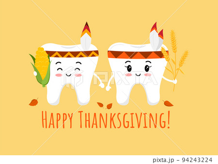 Thanksgiving tooth boy and girl in indian feather headband with corn and wheat ear in hand. Thanksgiving tooth boy and girl in indian feather headband with corn and wheat ear in hand. 94243224