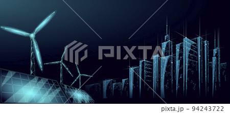 Solar panels windmills turbine generating electricity. Green ecology saving environment. Renewable power low poly polygonal geonetric abstract gray white sky design vector illustration 94243722
