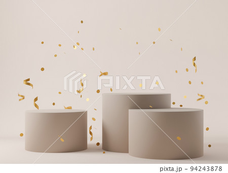 Set of podiums with falling confetti on beige background. Elegant podiums for product, cosmetic presentation. Luxury mockup. Pedestal or platform for beauty products. Empty scene. 3D rendering. Set of podiums with falling confetti on beige background. Elegant podiums for product, cosmetic presentation. Luxury mockup. Pedestal or platform for beauty products. Empty scene. 3D rendering. 94243878