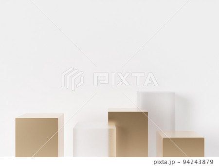 Golden and transparent podiums set for product, cosmetic presentation, on white background. Mock up. Pedestal or platform for beauty products. Empty scene. Copy space for logo, or text. 3D rendering. Golden and transparent podiums set for product, cosmetic presentation, on white background. Mock up. Pedestal or platform for beauty products. Empty scene. Copy space for logo, or text. 3D rendering. 94243879