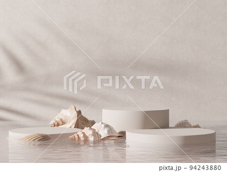 Podiums standing in water, with palm shadow and sea shells. Beautiful mock up for product, cosmetic presentation. Pedestal or platform for beauty products. Empty scene, stages set. 3D rendering. Podiums standing in water, with palm shadow and sea shells. Beautiful mock up for product, cosmetic presentation. Pedestal or platform for beauty products. Empty scene, stages set. 3D rendering. 94243880