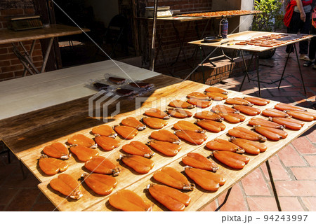 Close-up of drying mullet roe at Lukang Old Street in Changhua, Taiwan. 94243997