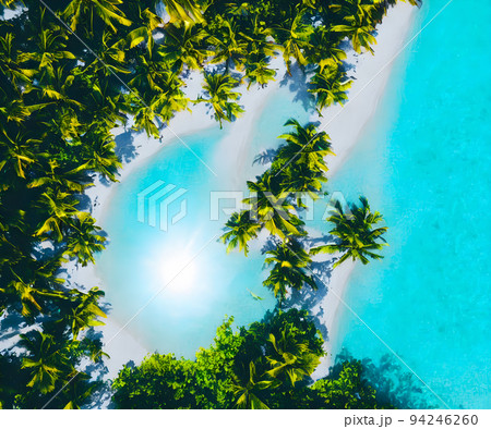 View from above, stunning aerial view of palms on the sandy beach at sunset. Tropical landscape, blue water, waves. View from above, stunning aerial view of palms on the sandy beach at sunset. Tropical landscape, blue water, waves. 94246260