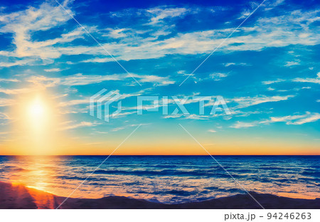 Sunset sea landscape. Colorful ocean beach sunrise. Colorful nature sea sky 94246263