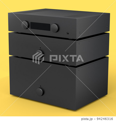 HiFi system with turntable and amplifier for home theater on yellow background. HiFi system with turntable and amplifier for home theater on yellow background. 94246316