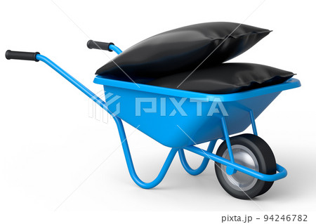 Garden wheelbarrow isolated on white background. Handcart with bags. 94246782