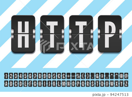 Airport terminal mechanical scoreboard alphabet with numbers for flight departure or arrival info. Black flip board font to display status vector illustration. Airport terminal mechanical scoreboard alphabet with numbers for flight departure or arrival info. Black flip board font to display status vector illustration. 94247513