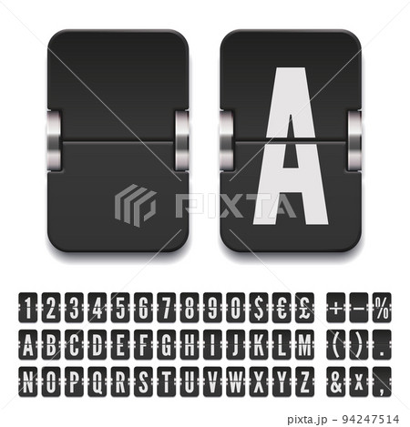Black terminal mechanical scoreboard font with numbers for destination or timetable vector illustration. Airport flip board bold alphabet for flight departure information. Black terminal mechanical scoreboard font with numbers for destination or timetable vector illustration. Airport flip board bold alphabet for flight departure information. 94247514