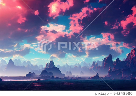 イラスト ファンタジー ゲーム 自然 山 青空 雄大 山岳のイラスト素材