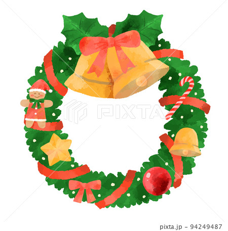 クリスマスリースのイラスト 手描き水彩風のイラスト素材 [94249487