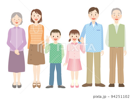 笑顔で横に並んだ全身の6人家族 笑顔で横に並んだ全身の6人家族 94251102