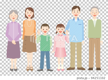 一家六口面帶微笑的並排排著隊 一家六口面帶微笑的並排排著隊 94251102