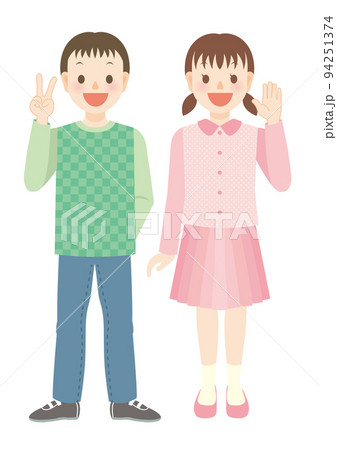 笑顔を向ける小学生の男女全身 笑顔を向ける小学生の男女全身 94251374