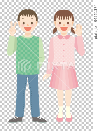 笑顔を向ける小学生の男女全身 笑顔を向ける小学生の男女全身 94251374