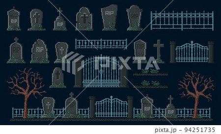 Cemetery 8 bit pixel game asset. Gravestone, fence, graveyard and halloween landscape. Isolated vector pixelized retro funeral tombstone, headstone, trees, plants and metal fencing with gates Cemetery 8 bit pixel game asset. Gravestone, fence, graveyard and halloween landscape. Isolated vector pixelized retro funeral tombstone, headstone, trees, plants and metal fencing with gates 94251735