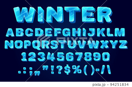 Ice crystal font, typeface, type alphabet. Cartoon vector abc letters, blue uppercase characters, digits and signs. Winter frozen english or latin font, isolated typeset, ice type 94251834