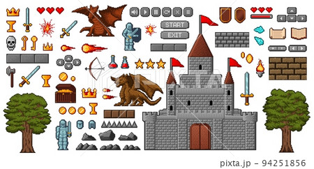 8bit pixel art game icons, medieval knight, dragon, castle and oak, coins and hearts, buttons and armor game interface items. Vector fantasy elements of RPG, isolated objects and sprites asset 8bit pixel art game icons, medieval knight, dragon, castle and oak, coins and hearts, buttons and armor game interface items. Vector fantasy elements of RPG, isolated objects and sprites asset 94251856