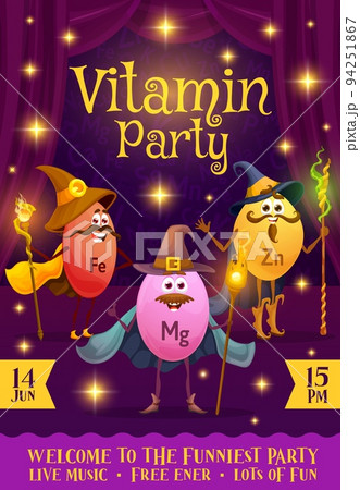 Vitamins and micronutrients party flyer, cartoon wizards and mages with magic wands, vector poster. Kids party flyer with cheerful mineral characters of iron, magnesium and zinc with magician staff 94251867