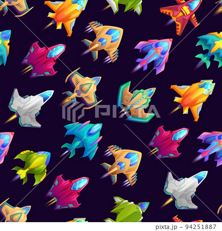 Cartoon starship, spacecraft and spaceship seamless pattern, space rockets on vector background. Galaxy starships or fantasy cosmic spaceship shuttles in galactic spaceflight pattern background 94251887