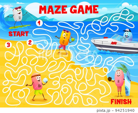 Labyrinth maze game cartoon vitamin personages on summer beach vacation. Kids uiz labyrinth game vector worksheet with surfing, riding boat and playing volleyball A, B, C and D vitamin characters 94251940