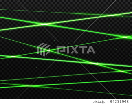 Green laser beam lights, background with neon glow lines on black, vector flash effect in dark. Crossed green laser beams and light rays, tech energy sparkles and shine beams on transparent background 94251948