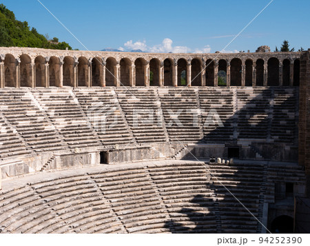 Panorama of well-preserved Roman theatre in Aspendos in Antalya, Turkey Panorama of well-preserved Roman theatre in Aspendos in Antalya, Turkey 94252390