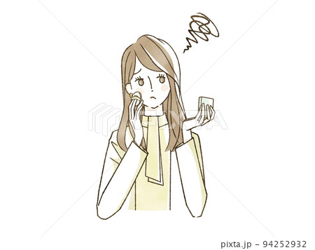 困った表情でメイクをしている女性 94252932
