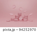 Falling coin stack on pink pastel background. 94252970
