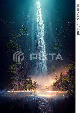 Beautiful waterfall in deep forest like a paradise. 2D Illustration. 94253646