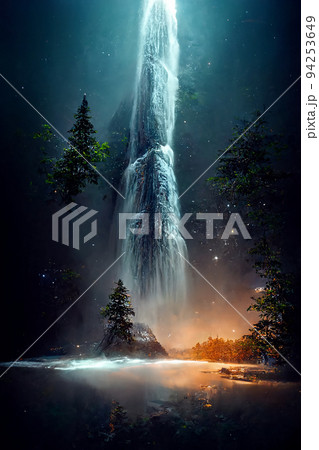 Beautiful waterfall in deep forest like a paradise. 2D Illustration. 94253649