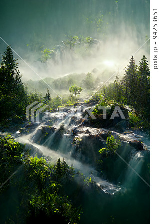 Beautiful waterfall in deep forest like a paradise. 2D Illustration. 94253651