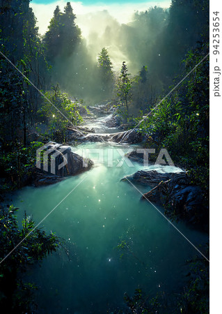 Beautiful waterfall in deep forest like a paradise. 2D Illustration. 94253654