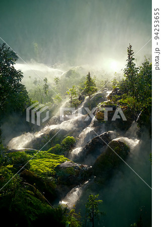 Beautiful waterfall in deep forest like a paradise. 2D Illustration. 94253655