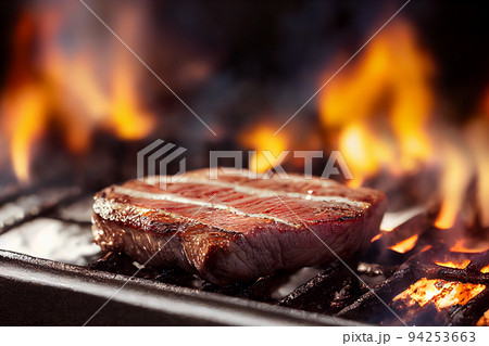 Grilled beef steak medium rare on fire. Selective Focus. 3D Illustration. Grilled beef steak medium rare on fire. Selective Focus. 3D Illustration. 94253663