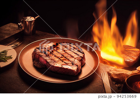 Grilled beef steak medium rare on fire. Selective Focus. 3D Illustration. 94253669