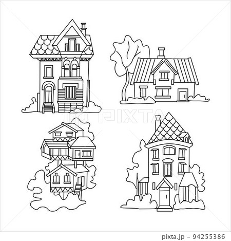 Outline citycsape Set of vector houses for coloring book Big cottage, country house and tree house 94255386