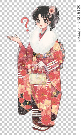 昭和50年代の少女漫画風・赤い着物振り袖装束の美少女はてな 94256100