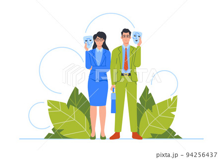 Anonymous Man and Woman in Formal Suits Holding Masks. Male and Female Business Characters Hypocrisy, Dishonesty Anonymous Man and Woman in Formal Suits Holding Masks. Male and Female Business Characters Hypocrisy, Dishonesty 94256437