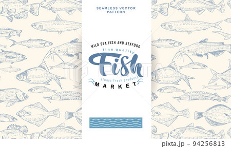 Fish label with seamless pattern 94256813