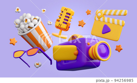 3d cinema, movie, film, entertainment concept background in trendy plastic colors. High quality isolated render 3d cinema, movie, film, entertainment concept background in trendy plastic colors. High quality isolated render 94256985