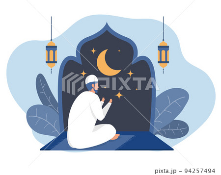 Muslim praying in the Mosque at night,Arabian in traditional clothes for national religious holiday vector illustration. 94257494