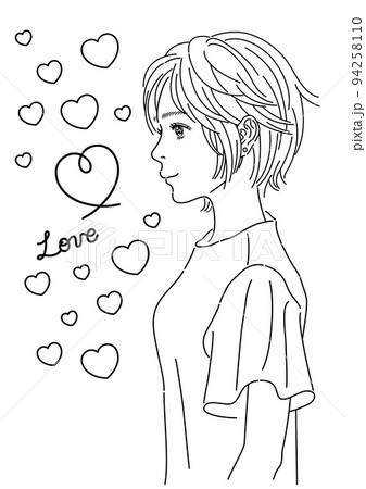 横を向いている女性とハートマークの線画イラスト 白黒 のイラスト素材