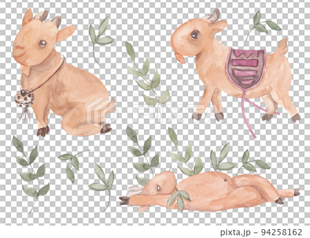 Cute goat watercolor flat illustration isolated on white background. Farm goat in different poses: cartoon character surrounded by greenery sits, lies or walks Cute goat watercolor flat illustration isolated on white background. Farm goat in different poses: cartoon character surrounded by greenery sits, lies or walks 94258162