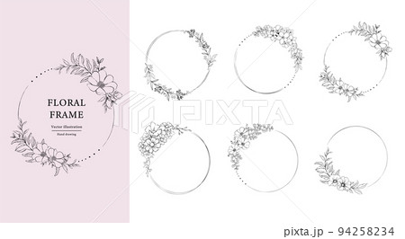 草花の手描きフレームセット。丸枠　線画　白黒 94258234