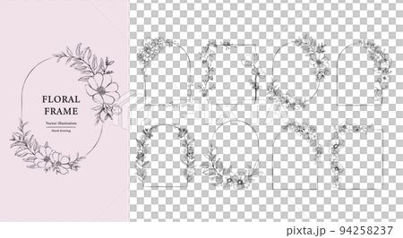草花の手書きフレームセット。　線画　白黒 94258237