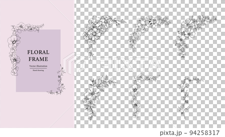 草花の手描き線画のフレームの飾りセット。　白黒 94258317